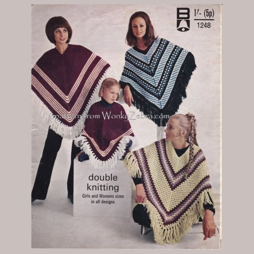 Crochet Striped Poncho With Fringe PATTERN PDF Vintage Boho 
